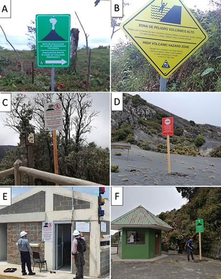 Ejemplos de varios tipos de los rótulos preventivos que se comenzaron a instalar en los diferentes volcanes a partir del 2020.