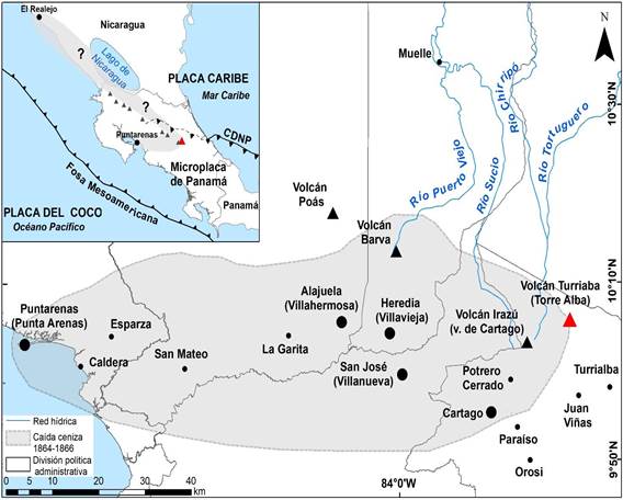 En el recuadro, el mapa geotectónico simplificado y ubicación del volcán Turrialba dentro de la cordillera volcánica Central. Se incluye la reconstrucción del área mínima de afectación basada en los pocos reportes de caída de ceniza de las erupciones del Turrialba durante 1864-1866 y su contextualización histórica en la primera mitad del siglo XIX, con los nombres antiguos utilizados en los textos. La red hidrográfica del Caribe también está contextualizada a la época, donde el trazado de los cauces era diferente al actual.
