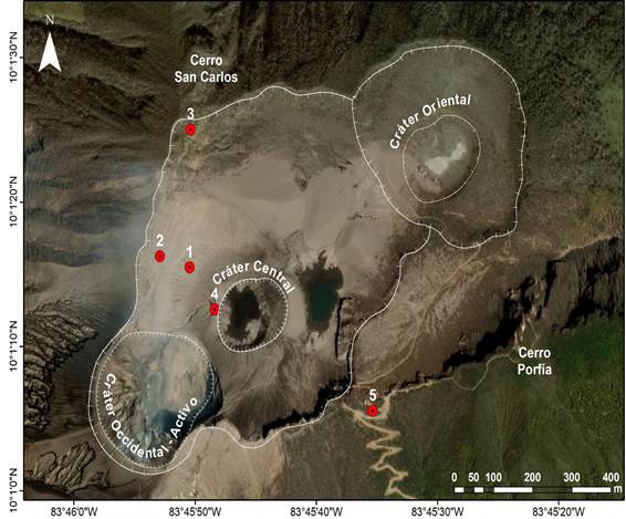 Ubicación de los cráteres y de las columnas estratigráficas proximales.