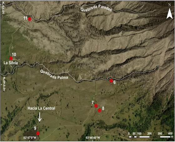 Ubicación de las columnas estratigráficas en el flanco SW del Turrialba.