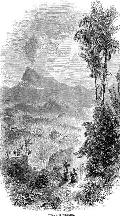 Ilustración del volcán Turrialba en 1858 (Meagher, 1859-1860, p. 298). Se observa una cascada y al fondo el volcán Turrialba con un penacho de vapor y quizás cenizas. El dibujo fue realizado por el camino que conduce a la ciudad Turrialba, cerca del poblado cañero de Naranjo (ubicado a 2 km al W de Juan Viñas) “cuesta debajo de un cerro sumamente escarpado”, según se desprende del documento original (Meagher, 1859-1860, p. 318). La cascada y la cuesta pronunciada que se describe, deben de ser una vereda que conduce al fondo del cauce de la quebrada Honda.