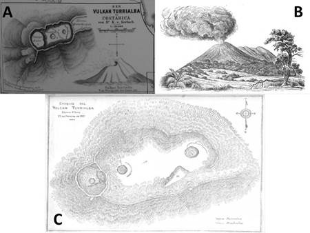 Volcán Turrialba a inicios de marzo de 1865, observado y dibujado directamente por Seebach: A) Desde el Irazú (3 de marzo de 1865) y detalle de todos sus cráteres (9 de marzo de 1865), incluyendo el activo (Seebach, 1865) y B) Desde su flanco sur dibujado probablemente el 9 de marzo (Seebach, 1892), posiblemente desde lo que hoy se conoce como hacienda La Fuente, unos 2 km antes de la hacienda La Central, viniendo desde la Pastora. C) Esquema de los cráteres dibujado el 22 de febrero de 1921 (Fernández, 1922). No se notan diferencias notorias entre los cráteres, con excepción de las bocas intracratéricas del cráter Activo SW (dibujadas por Fernández). Seebach no pudo dibujarlas ni verlas en detalle dado que al momento de su visita, el Turrialba estaba en plena erupción.