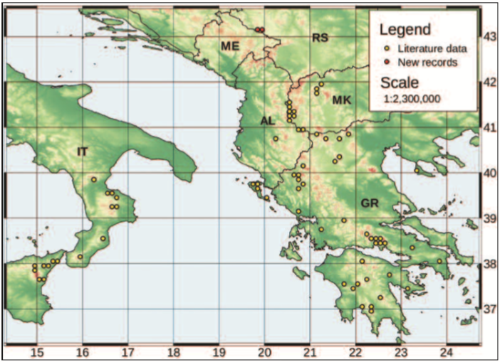 Distribution of Anthocharis damone in Europe given in WGS 84 projection. The observation points are given in resolution of 0.1 degree. Names of the countries are written as ISO2 codes.