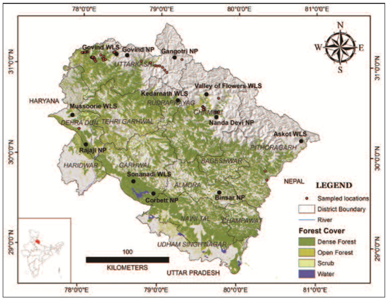 The distribution of the light-trapping sites for Geometridae across 5 Protected Areas in the Indian State of Uttarakhand.