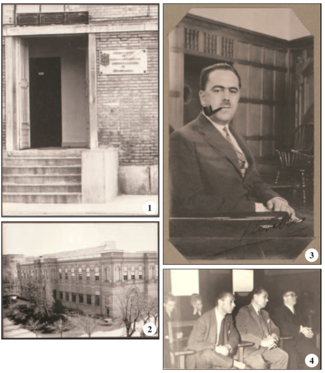 1. Entrance of the Spanish Institute of Entomology (Archive of the MNCN, signature: ACN003/003/08109); 2. General view of the Natural History Museum where the Institute is situated. (Archive of the MNCN, signature: ACN003/003/08110); 3. Gonzalo Ceballos, first director of the Spanish Institute of Entomology in 1954; 4. Meeting of the Commission Internationale de Lutte Biologique (CILB) in the assembly hall of the Spanish Institute of Entomology in 1957. Pictured are E. Morales Agacino, A. Goidnich and J. del Cañizo. (Photographic Archive Eugenio Morales Agacino 0276. Universidad Autónoma de Madrid).