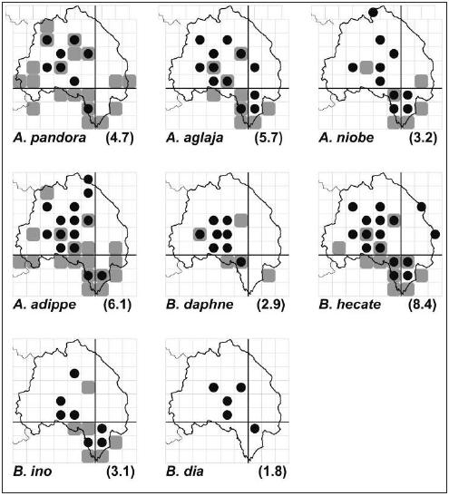 Mapas de distribución de las especies de Nymphalidae dentro de la Comarca de Molina- Alto Tajo y zonas limítrofes.
