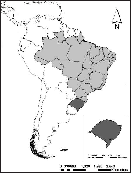 Localização dos municípios de Morro Redondo e Capão do Leão no extremo Sul do Brasil, onde foram realizadas as coletas de borboletas entre outubro de 2012 a junho de 2013.