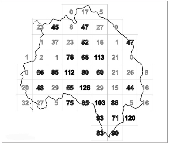 Mapa con cuadr�culas UTM de la Comarca de Molina de Arag�n-Alto Tajo, donde se indica eln�mero de especies identificadas en cada una de ellas.