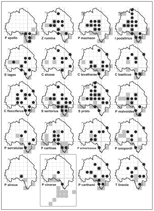 Mapas de distribuci�n de las especies de Papilionidae, Hesperiidae, Pieridae, Riodinidae y Lycaenidae en el �rea estudiada.