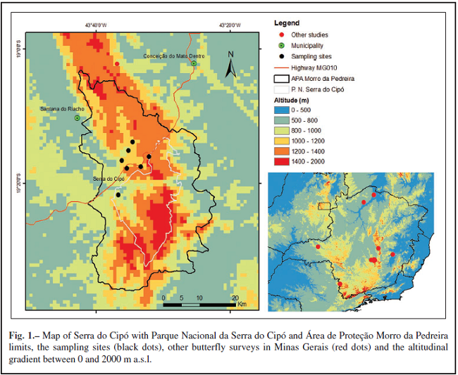 Map of Serra do Cipó with Parque Nacional da Serra do Cipó and Área de Proteção Morro da Pedreira limits, the sampling sites (black dots), other butterfly surveys in Minas Gerais (red dots) and the altitudinal gradient between 0 and 2000 m a.s.l.