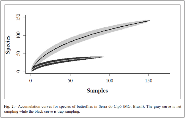 Accumulation curves for species of butterflies in Serra do Cipó (MG, Brazil). The gray curve is net sampling while the black curve is trap sampling.
