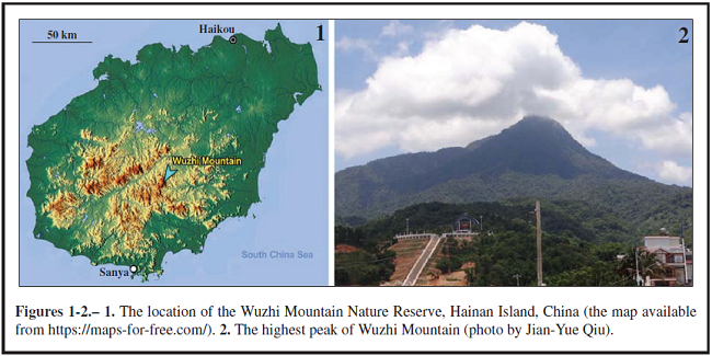 1. The location of the Wuzhi Mountain Nature Reserve, Hainan Island, China (the map available from https://maps-for-free.com/).