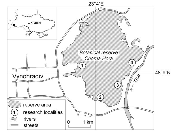 Location of the Chorna Hora Botanical
Reserve in Transcarpathia (Ukraine) showing the positions of the trapping
localities.