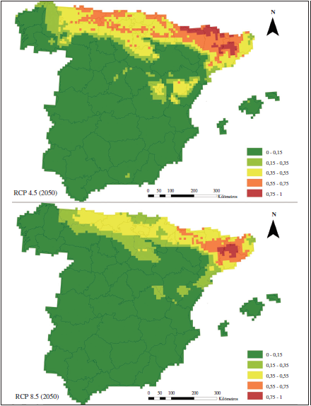 Modelos de distribuci�n potencial B y D para el a�o 2050, generados usando MaxEnt bajo el escenario de circulaci�n general MRI-CGCM3 de cambio clim�tico. Se representan los escenarios RCP 4.5 (modelo B) y RCP 8.5 (modelo D) de emisiones futuras. El valor de la potencialidad de h�bitat m�s alta aparece en rojo (0.75 &ndash; 1) y el m�s bajo en verde (0-0.15).