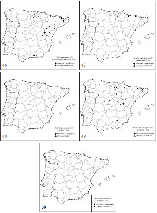 Distribuci&oacute;n actual de las especies estudiadas: con c&iacute;rculo negro, especies examinadas; con tri&aacute;ngulo negro, citas bibliogr&aacute;ficas no confirmadas.