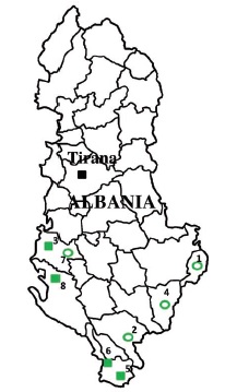 Map of Albania with studied localities: empty circles: sites where vine bud moth was not found; full squares: sites where vine bud moth was found.