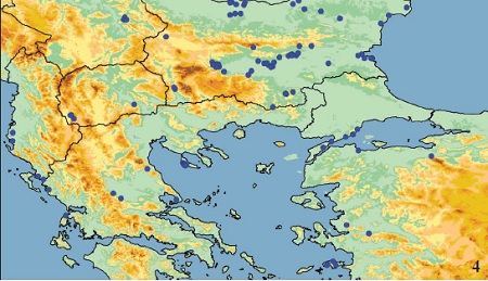 Distribution map of Theresimima ampellophaga in the Southern Balkan. This figure summarizes all known published records of the vine bud moth in the Southern Balkans, found in the current BioOffice database