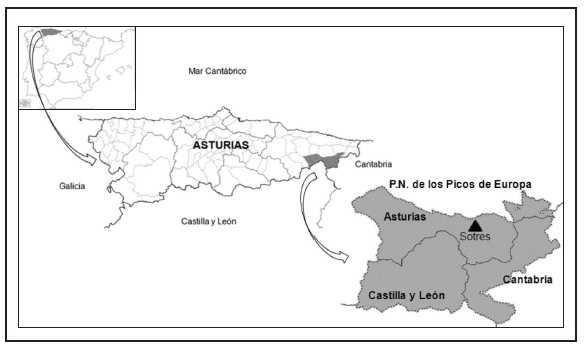 Mapa de situación de la localidad de Sotres en el Parque Nacional de los Picos de Europa.