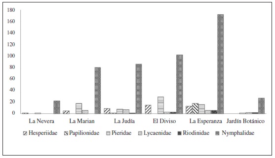 Abundancias por familia en cada uno de los sitios de muestreo.