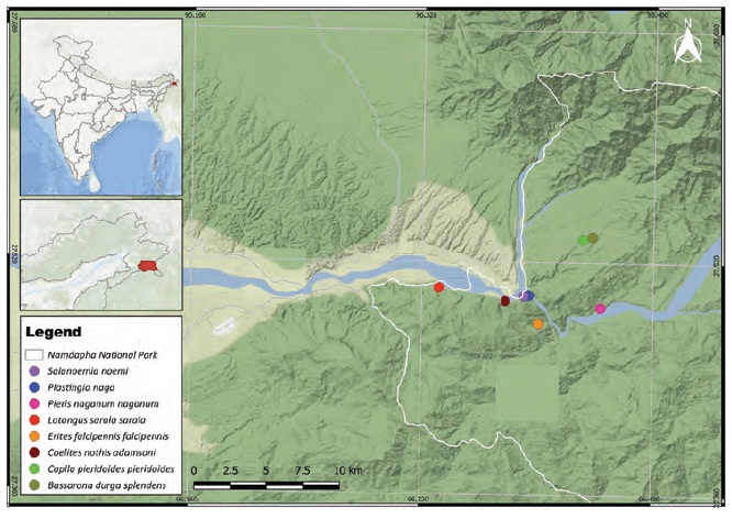 Map showing Eastern part of Namdapha National Park, Changlang district, Arunachal Pradesh with species or subspecies sampling localities.