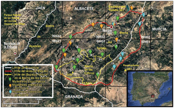 Mapa de localidades muestreadas en la Sierra del Taibilla y Sierra de las Cabras. (Modificado de Google Earth 2019)