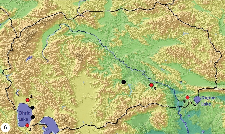 Localities of Theresimima ampellophaga in North Macedonia. Black dots - published records, red dots - new records. 1 - Trebenishta, 2 - between Ljubanishta and Sveti Naum, 3 - Demir Kapija, 4 - Nov Dojran.