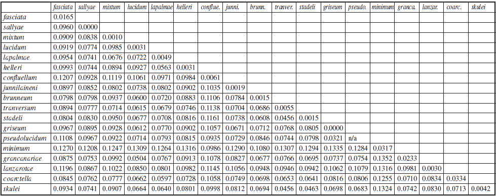 Average uncorrected p distance within and between all species of Apatema in the Canary Islands as described in the text.