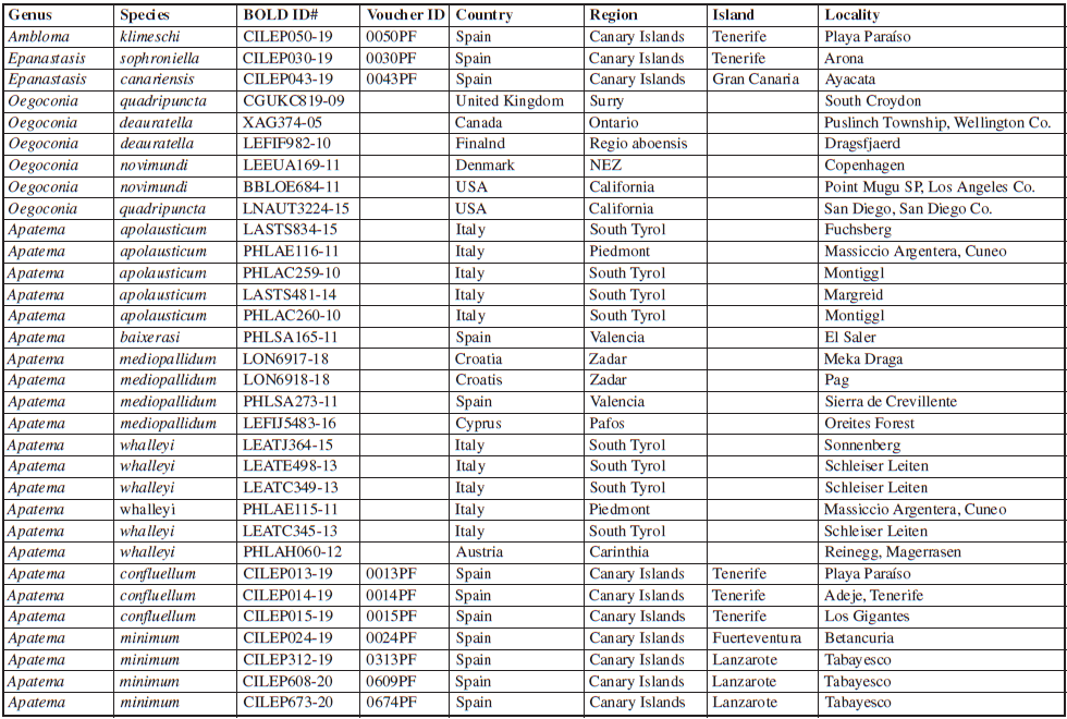 Species affiliation, voucher and BOLD ID, and collection localities for all species included in the molecular analyses as described in the text.