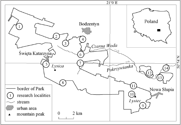 Map of the Świętokrzyski National Park showing its location in Poland and the positions of the study localities (numbering as in the text).