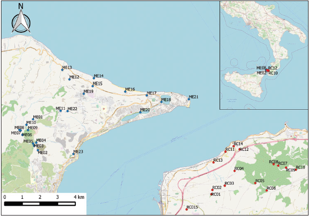 Inquadramento geografico dell’area di studio e localizzazione dei siti di campionamento.