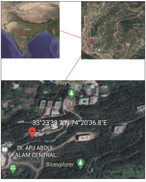 A map showing the Location of Trypanophora semihyalina caterpillar in Rajouri district of Jammu and Kashmir, India. (Map source: Google Earth Maps).