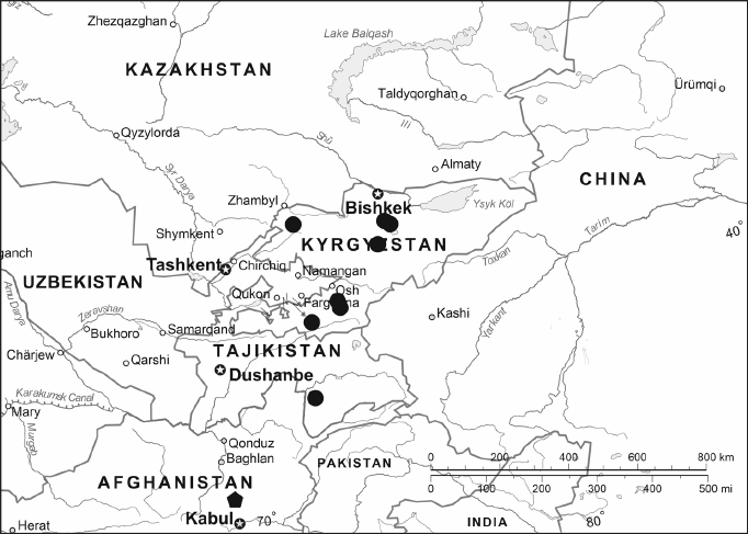 Distribution map of Mecyna salangalis Amsel, 1970 (pentagon - type locality).