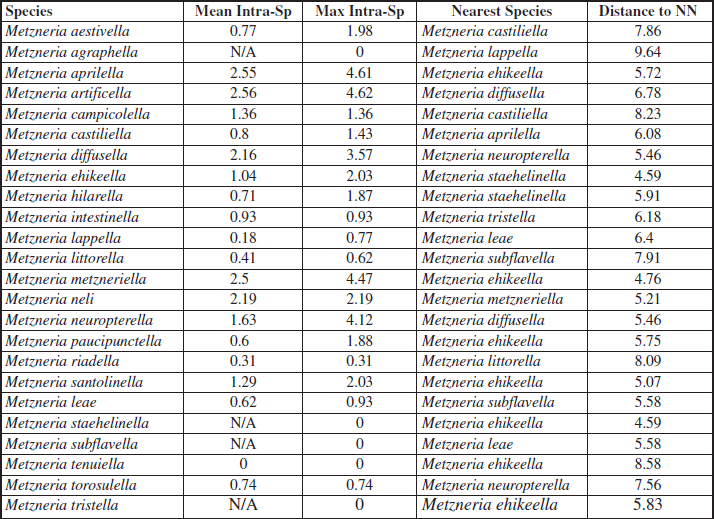Intraspecific mean K2P (Kimura 2 Parameter) divergences, maximum pairwise distances, nearest species, nearest neighbour and distance to nearest neighbour (in %) of Metzneria species recorded from Spain.