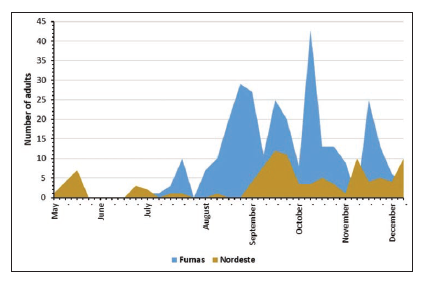 Males of E. postvittana caught weekly in sex pheromone traps installed in Furnas and Nordeste nurseries between May and December 2019.