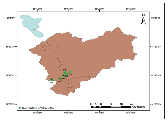 Map represents the study locations in the Tirthan valley of Great Himalayan National Park Conservation Area.