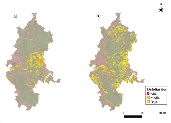 Mapas de defoliación de 
						Lymantria dispar (L.) en Los Alcornocales (SO España) basados en Landsat. 
						a) 1994. 
						b) 1995. Los resultados mapeados representan la reducción media en el índice NDMI calculado, utilizando las imágenes disponibles de 1990 a 1993.
					