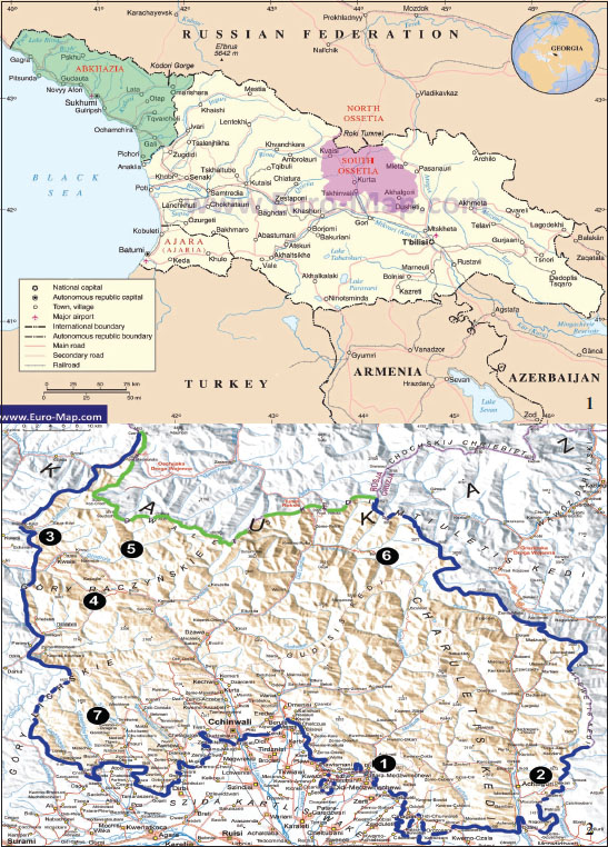 1. South Ossetia on the map of Caucasus. 
						2. Map of South Ossetia with collecting localities.
					