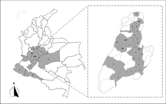 Distribución de los registros de Lepidoptera- Papilionoidea del Museo del Laboratorio de Entomología de la Universidad del Tolima (MENT-UT).