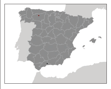 Distribución en España conocida Hypsopygia fulvocilialis (Dup.). El círculo negro representa la primera cita y el círculo rojo la cita actual.