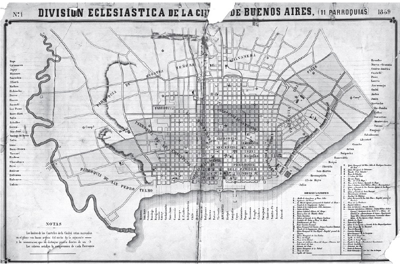 Plano de la ciudad de Buenos Aires con divisiones parroquiales de 1859
