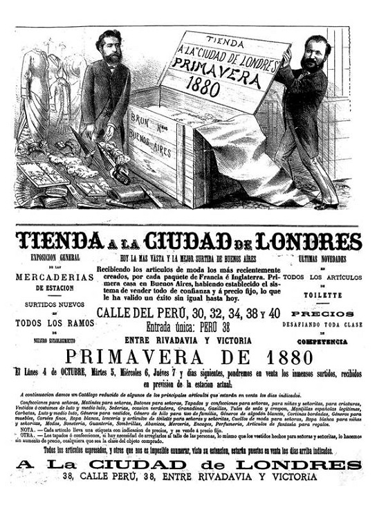 Aviso publicitario de la tienda A la Ciudad de Londres de 1880