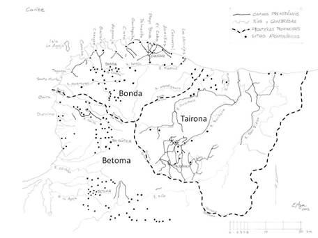 Plano de las provincias ind&iacute;genas Bonda, Tairona y Betoma durante el siglo XVI