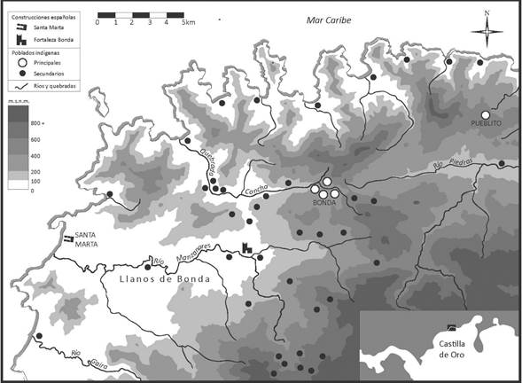 Mapa del sector noroccidental de la Sierra Nevada de Santa Marta en el siglo XVI