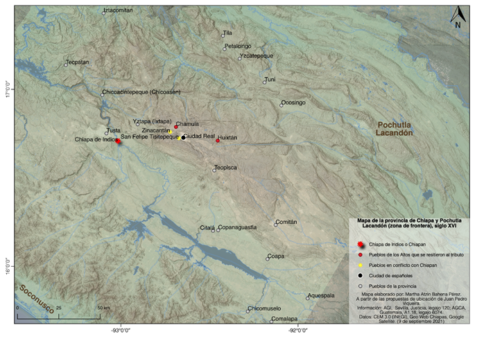Mapa de la provincia de Chiapa y Pochutla Lacand&oacute;n (zona de frontera), siglo XVI