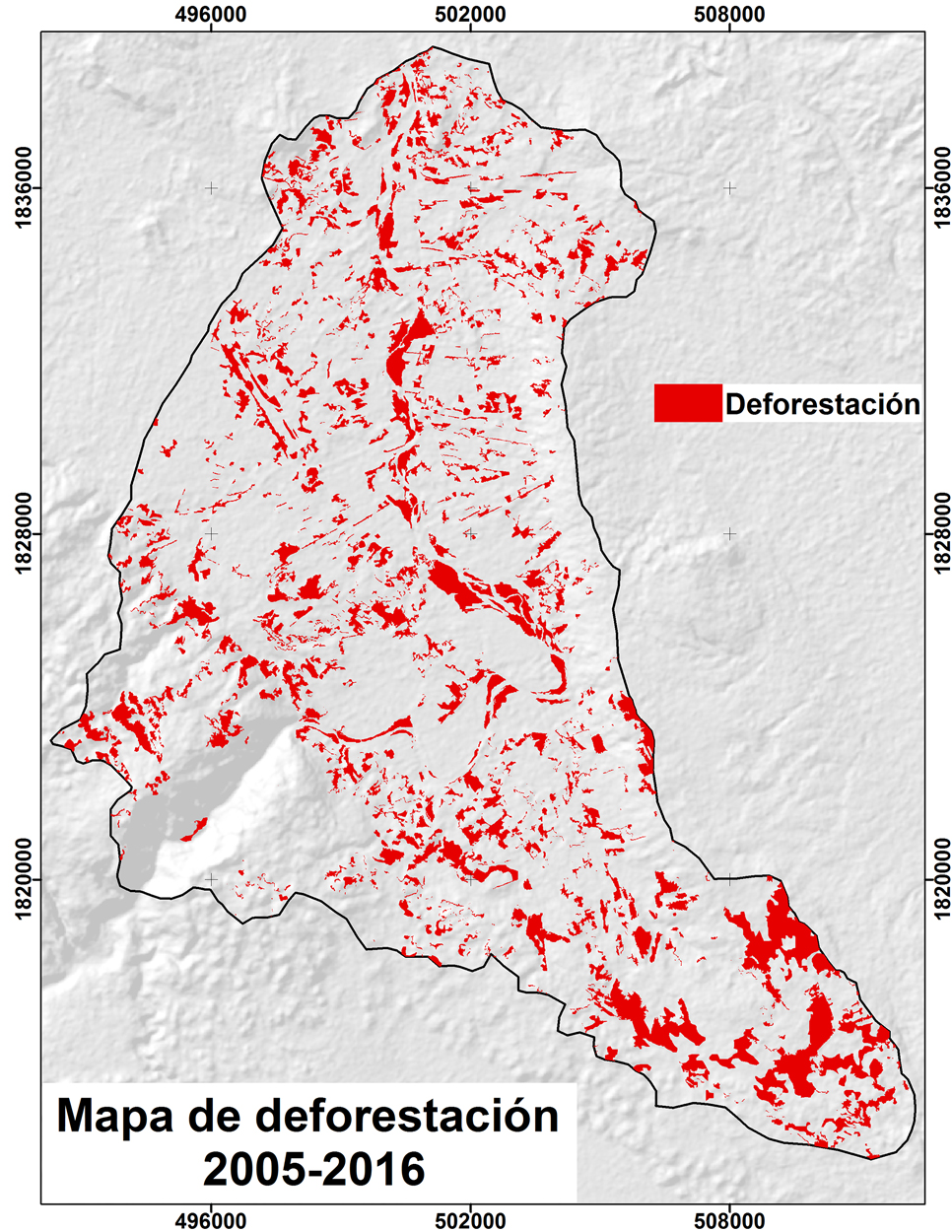 Mapa de áreas deforestadas en el periodo 2005-2016