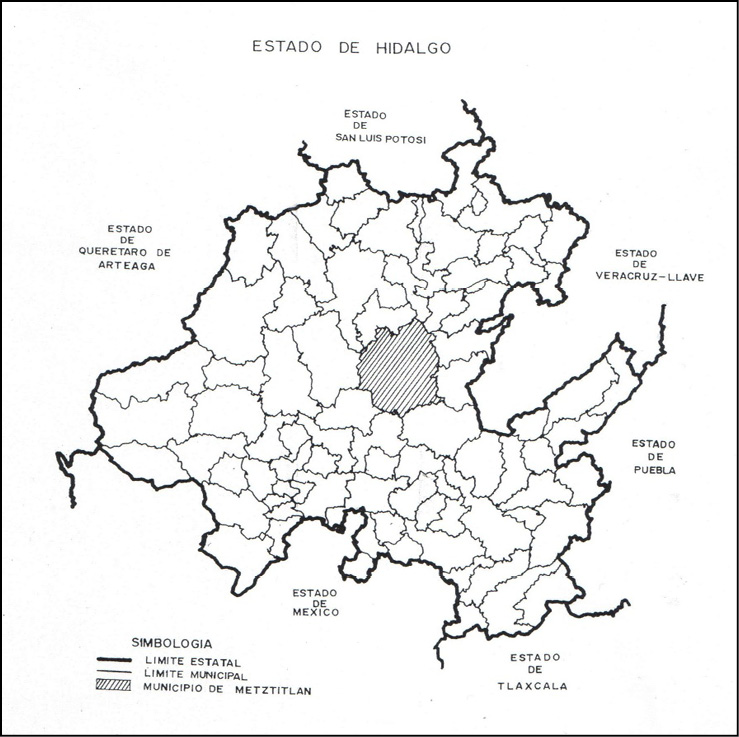 Estado de Hidalgo, indicando el actual municipio de Metztitlán