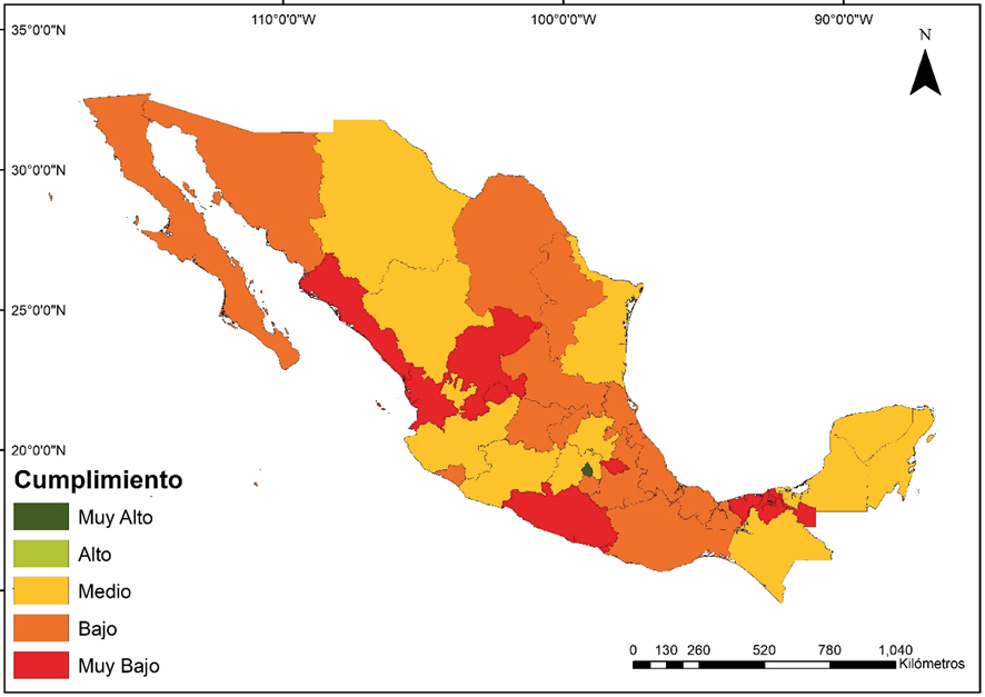 Mapa con el cumplimiento de la política de cambio climático en México