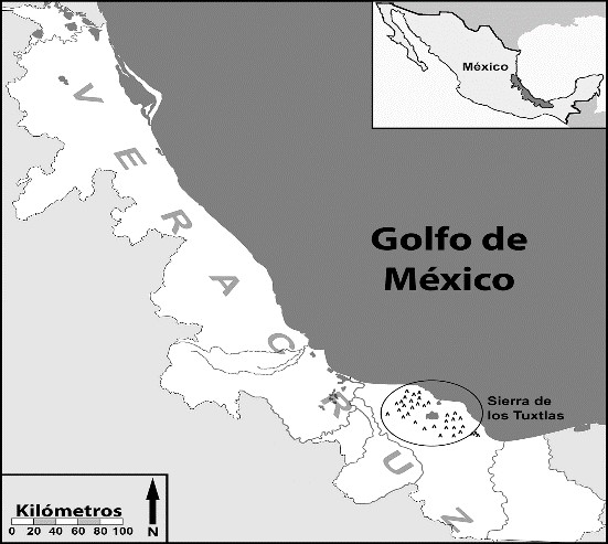 Ubicación geográfica de Los Tuxtlas, en Veracruz, México