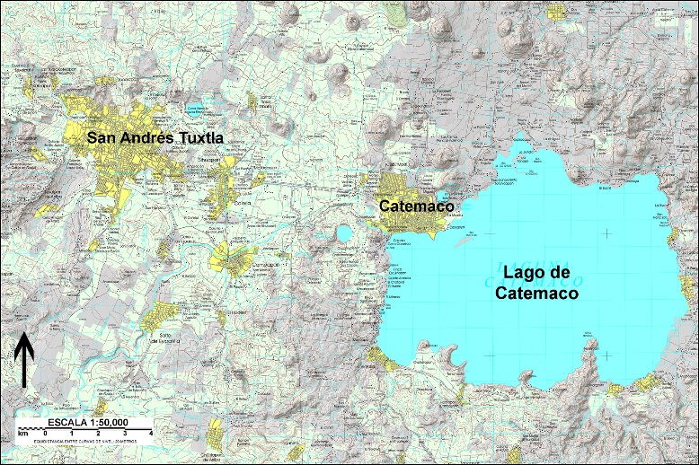 Ubicación geográfica de las cabeceras municipales de Catemaco y San Andrés Tuxtla en la región de Los Tuxtlas, Veracruz, México