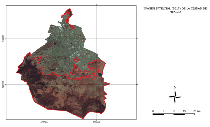 Compuesto de falso color de imagen satelital de la Ciudad de Mxico, con la delimitacin del suelo de conservacin (lnea roja)